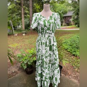 Sugarlips NWT Maxi Midi Dress, Tropical Palms Print, Green + White, XL